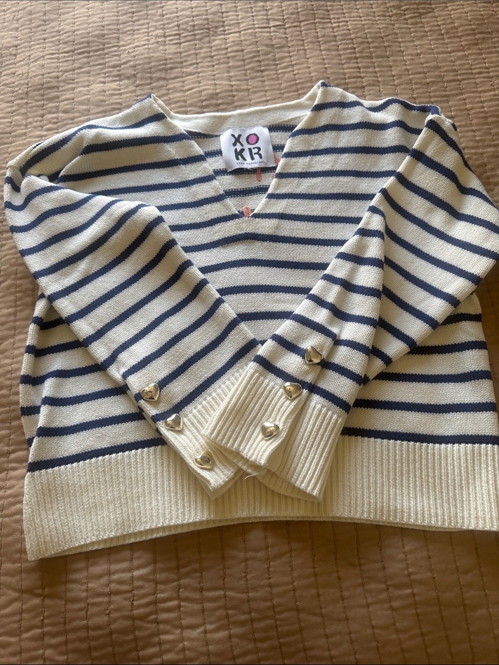 XO K?R Cream & Navy Off-the-Shoulder Striped Sweater